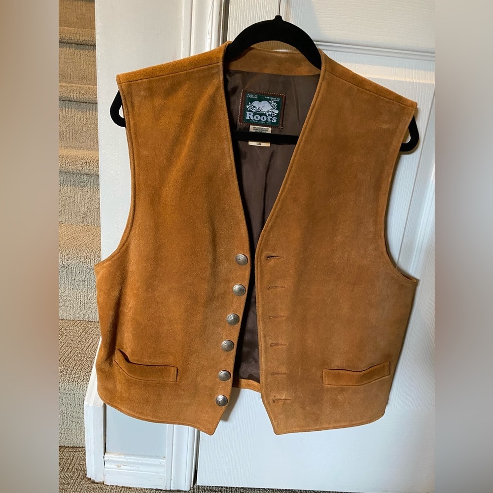 Roots, suede vest, tan, unisex, nickel buttons
